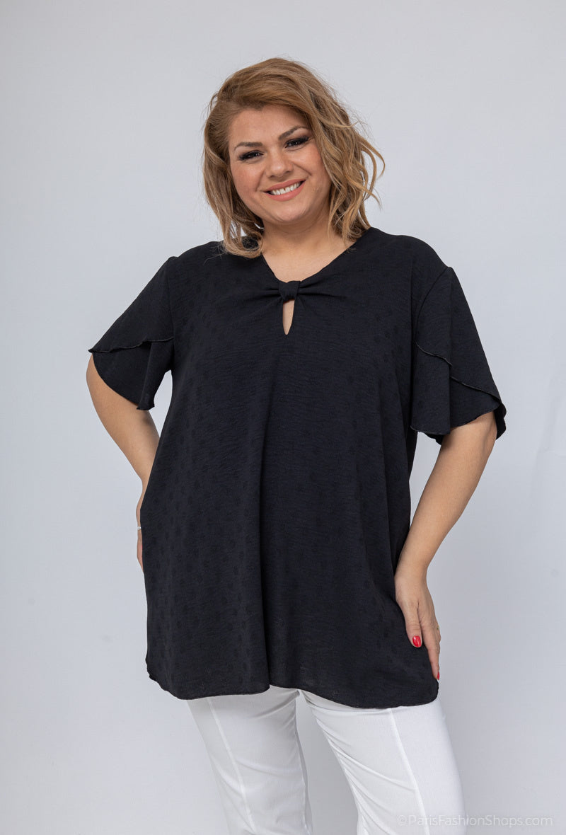 Plus Size Blus med Nyckelhålsknäppning i Linne-Liknande Tyg