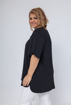 Plus Size Blus med Nyckelhålsknäppning i Linne-Liknande Tyg
