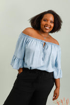 Plus Size Denim Off-the-Shoulder Blus