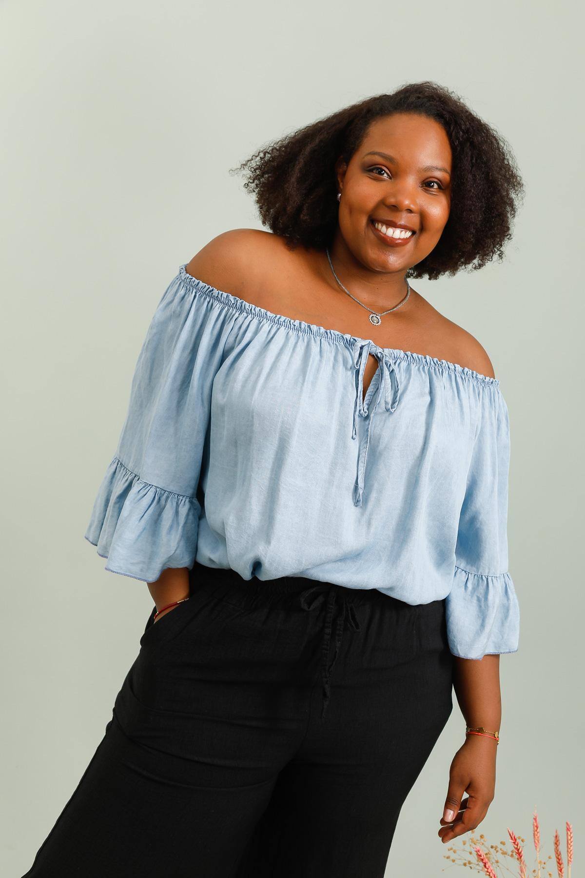 Plus Size Denim Off-the-Shoulder Blus