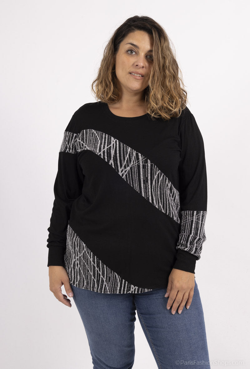 Plus Size Bi-material Viskosblus med Paljetter