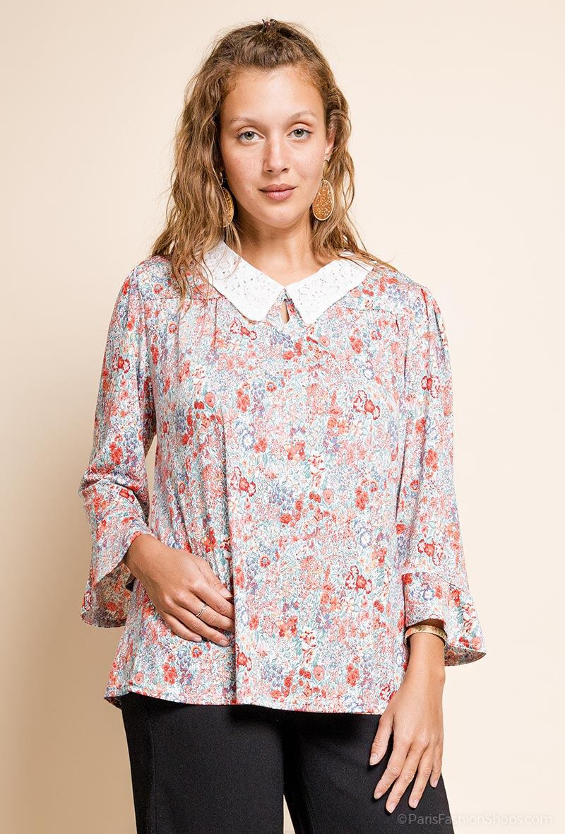 Plus Size Blommig Blus med Spetskrage