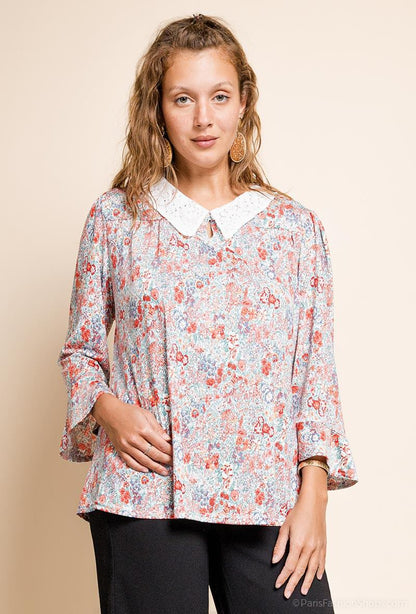 Plus Size Blommig Blus med Spetskrage