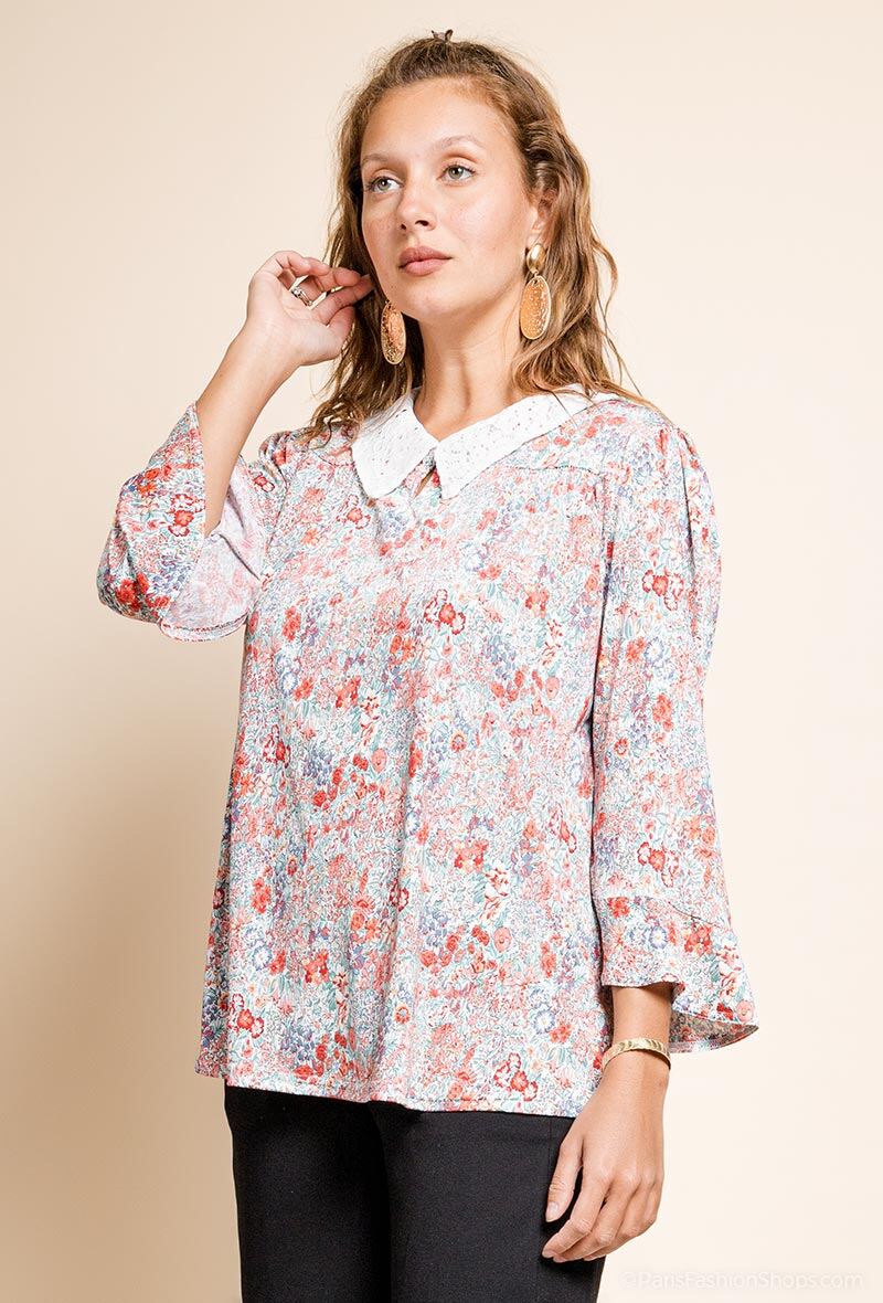 Plus Size Blommig Blus med Spetskrage