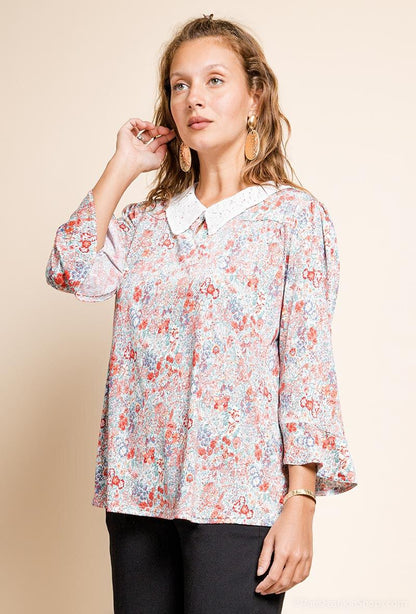 Plus Size Blommig Blus med Spetskrage