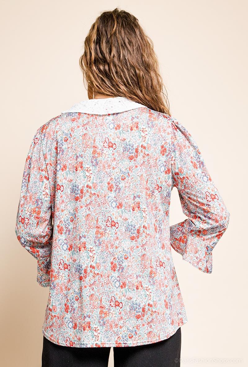 Plus Size Blommig Blus med Spetskrage