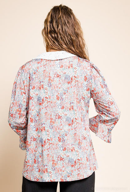 Plus Size Blommig Blus med Spetskrage