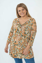 Plus Size V-neck printed blouse with open shoulders and sleeves