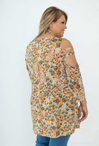 Plus Size V-ringad Blus med Tryck och Öppna Axlar
