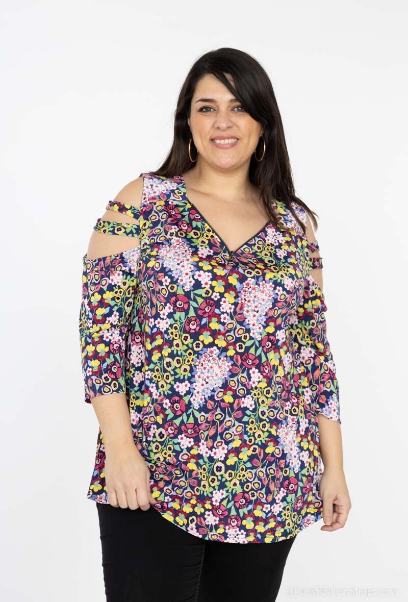 Plus Size V-neck printed blouse with off-the-shoulder sleeves