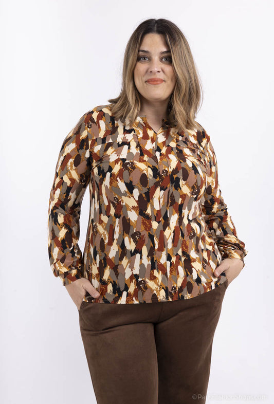 Plus Size Tryckt V-hals Blus