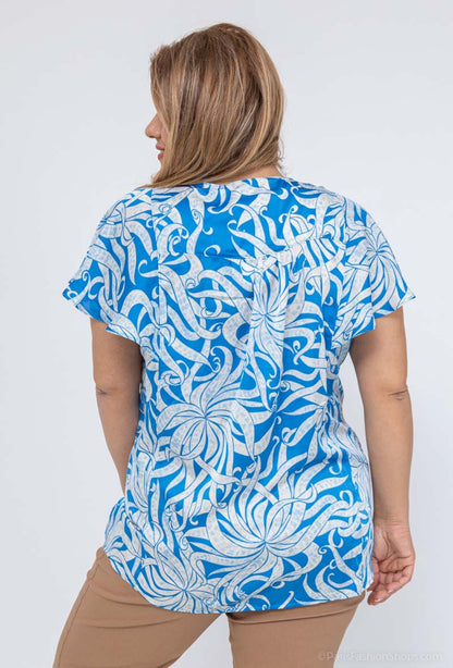 Plus Size Blus med Rynkade Ärmar i Tryck