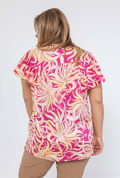 Plus Size Blus med Rynkade Ärmar i Tryck