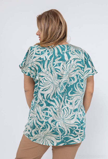 Plus Size Blus med Rynkade Ärmar i Tryck