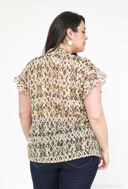 Plus Size Ruffle Sleeve Printed Blouse