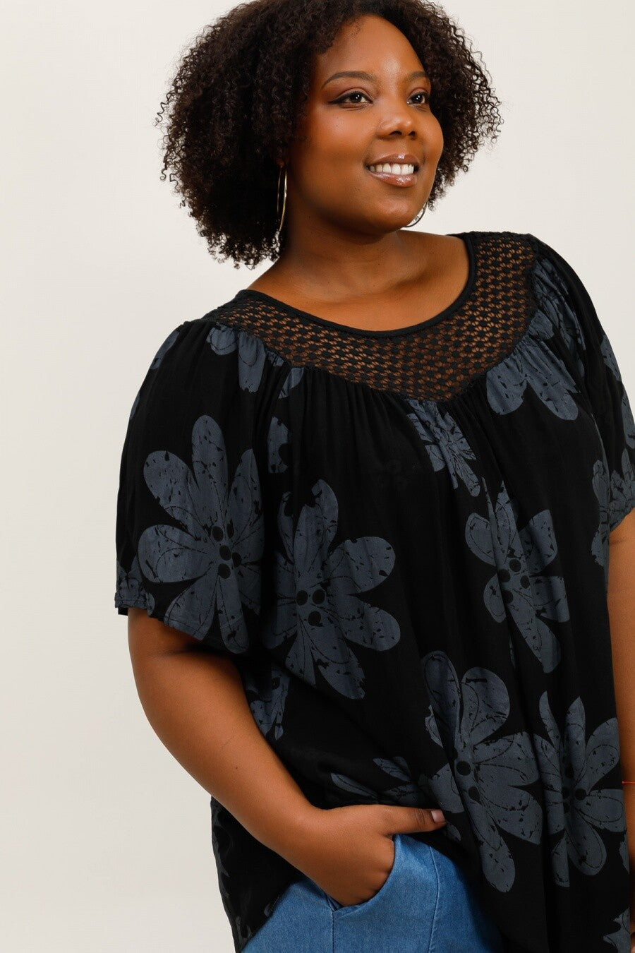 Plus Size Blomtryckt Viskosblus