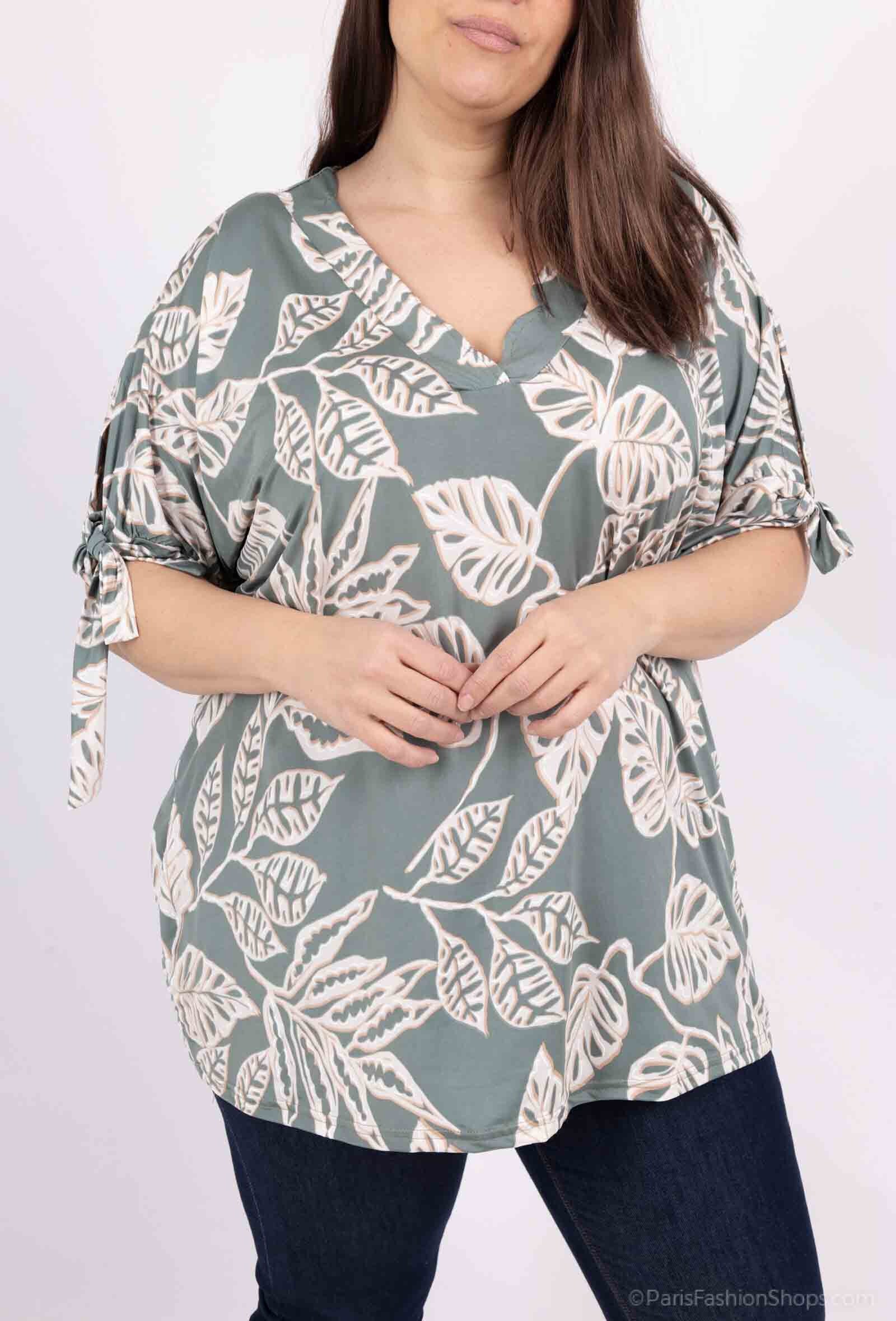 Plus Size Kortärmad Blus med Tryck och Slips