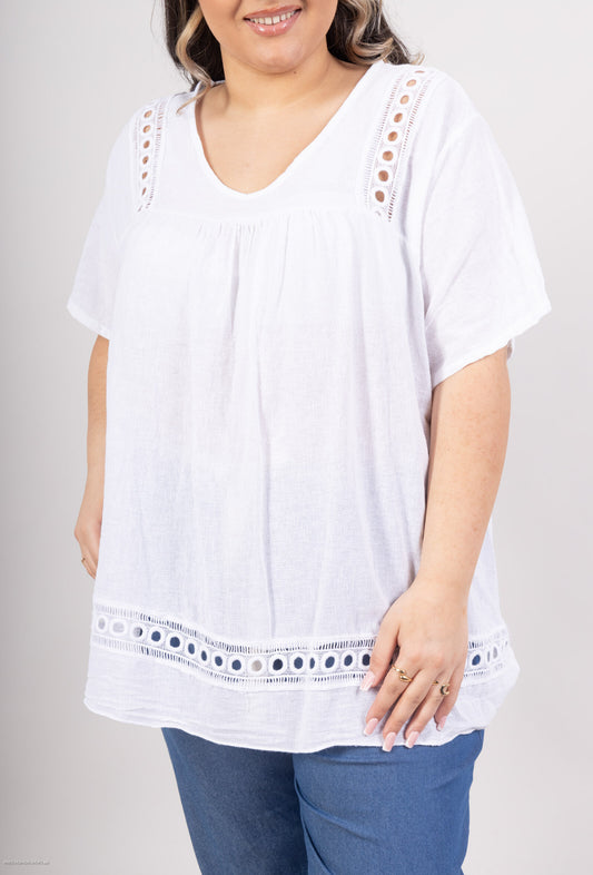 Plus Size Cotton/linen V-neck short sleeves blouse