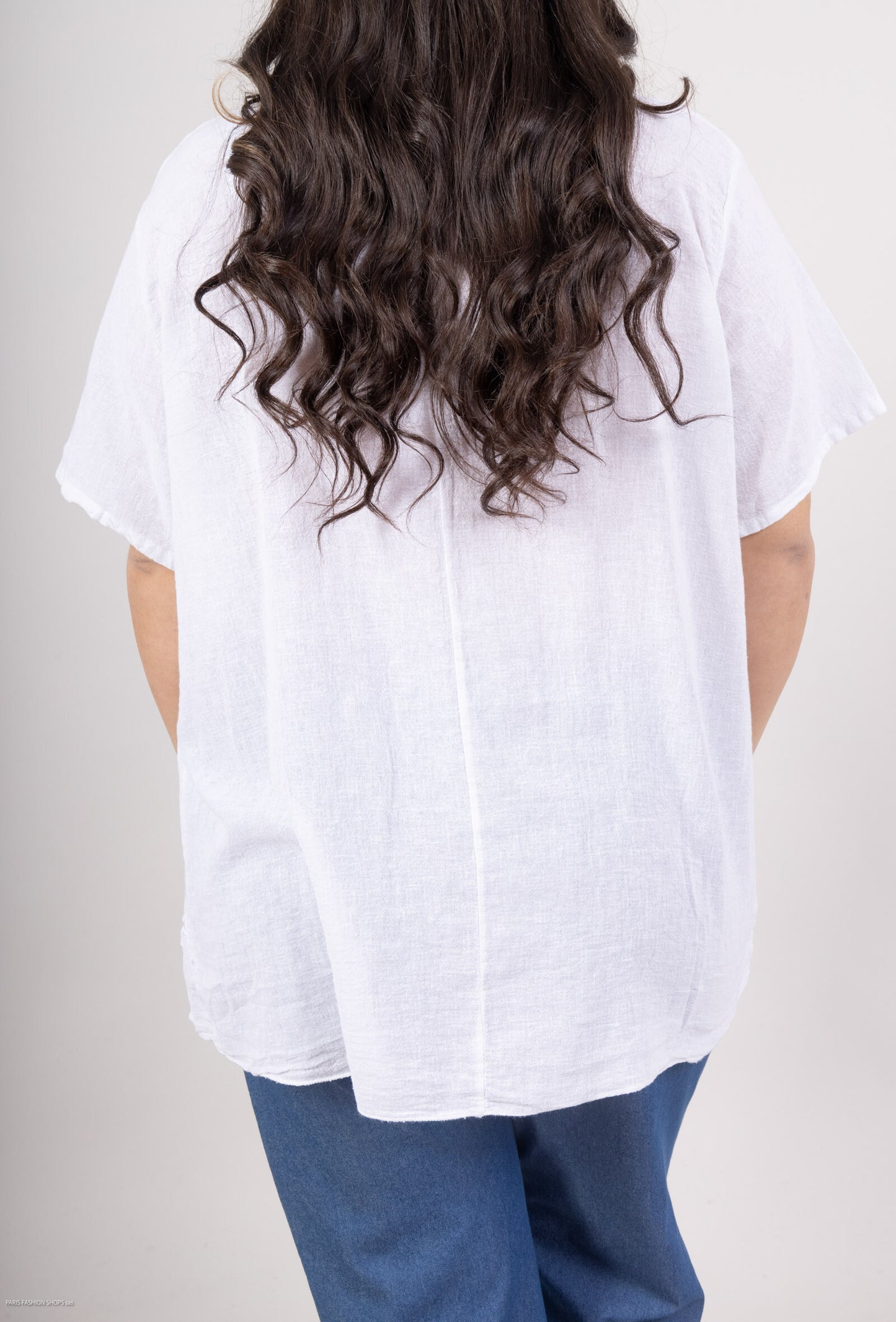 Plus Size Blus i Bomull/Linne med V-ringning och Korta Ärmar