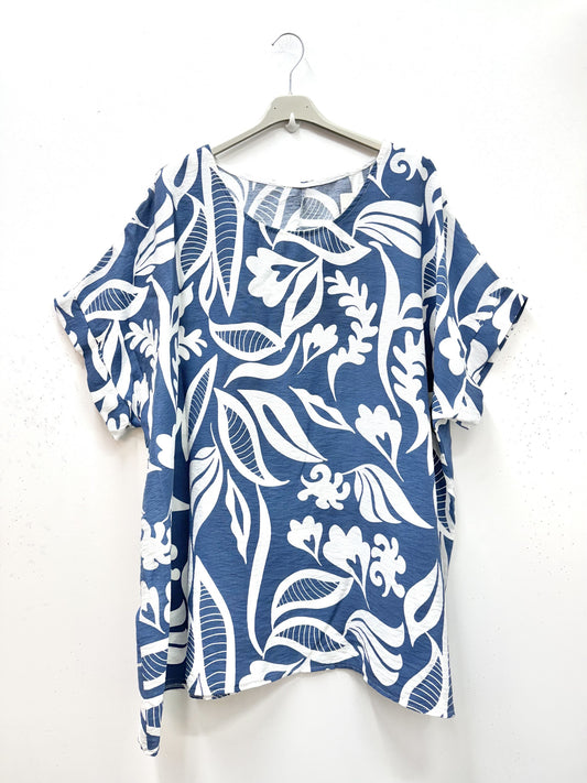 Plus Size Vegetal print short sleeves viscose crepe blouse