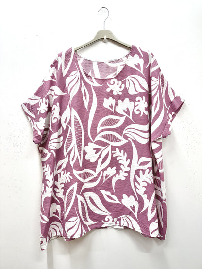 Plus Size Vegetal print short sleeves viscose crepe blouse