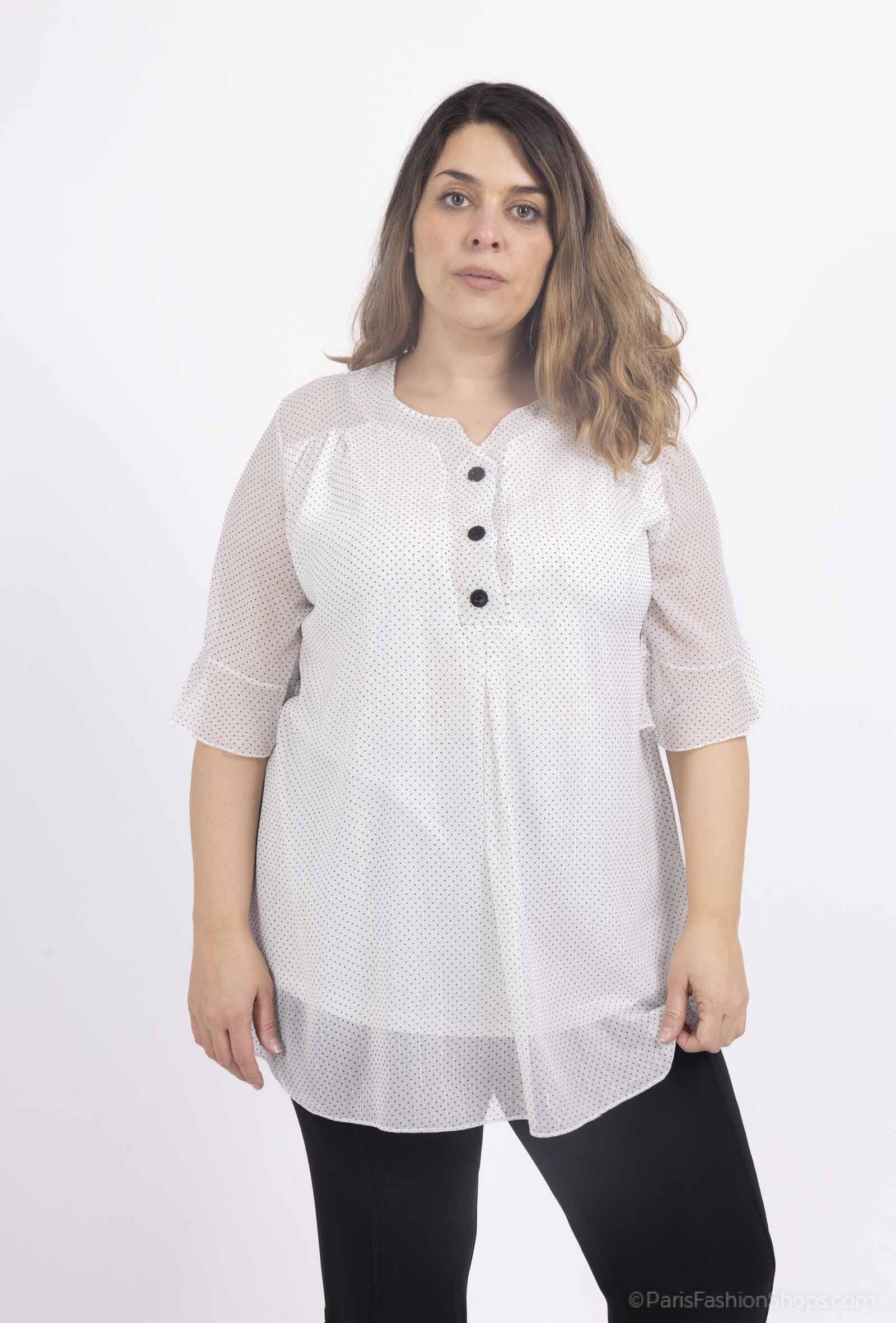 Plus Size Chiffon blouse with button collar and metallic threads