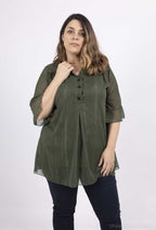 Plus Size Chiffon blouse with button collar and metallic threads