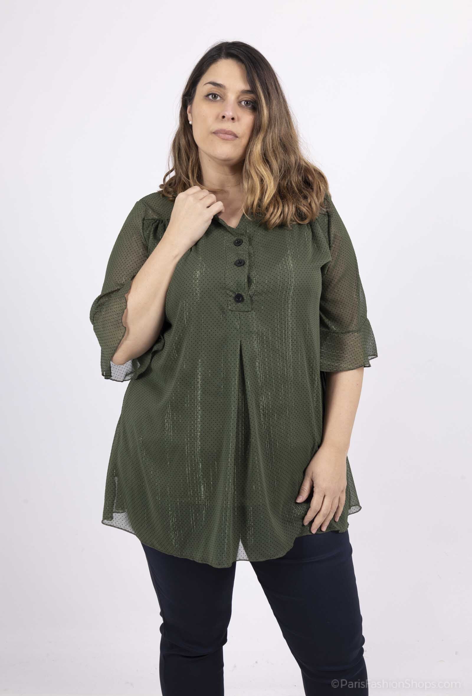 Plus Size Chiffon blouse with button collar and metallic threads