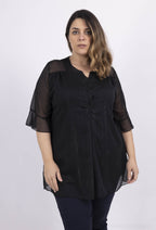 Plus Size Chiffon Blus med Knappkrage och Metalltrådar