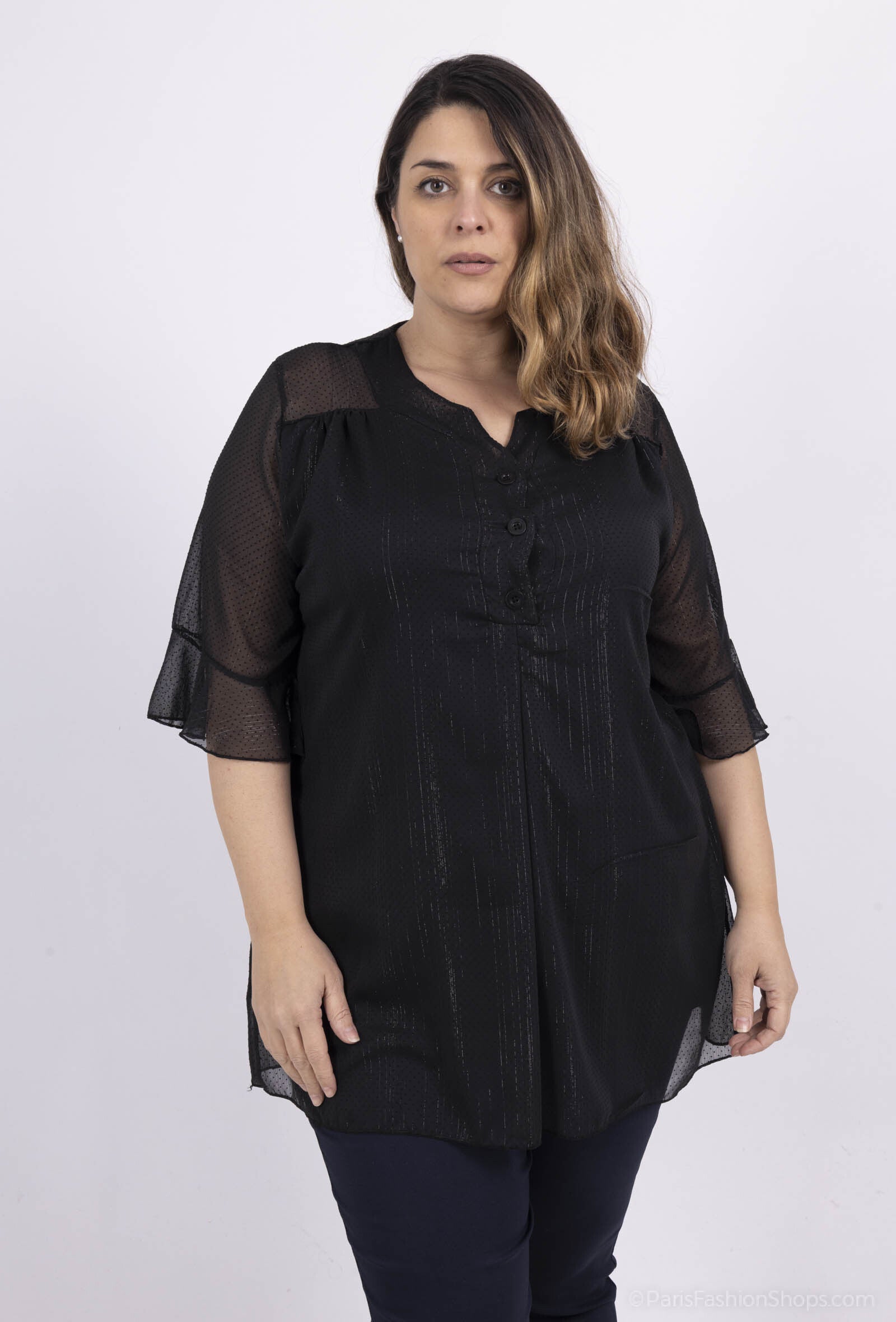 Plus Size Chiffon Blus med Knappkrage och Metalltrådar