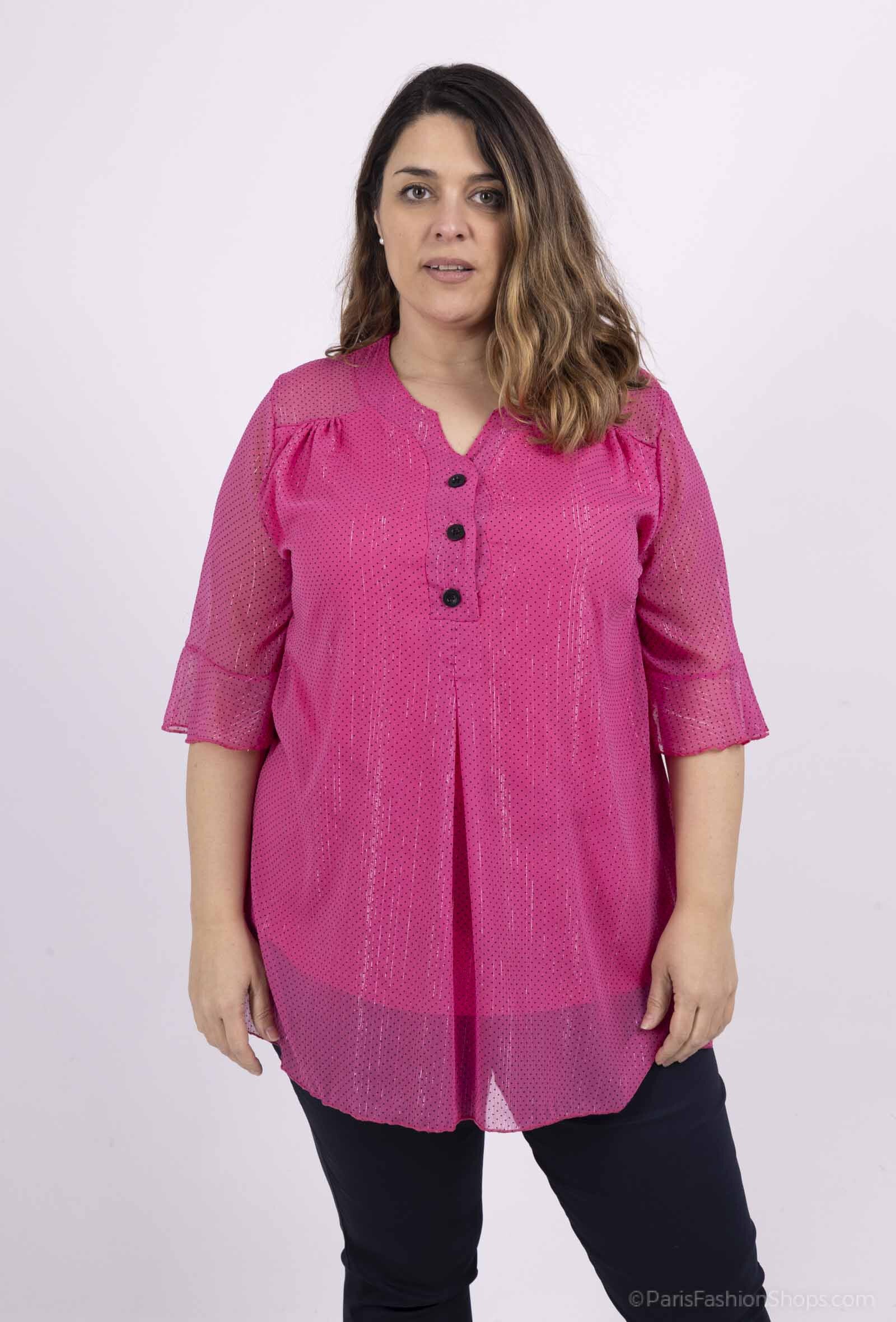 Plus Size Chiffon Blus med Knappkrage och Metalltrådar