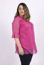 Plus Size Chiffon Blus med Knappkrage och Metalltrådar