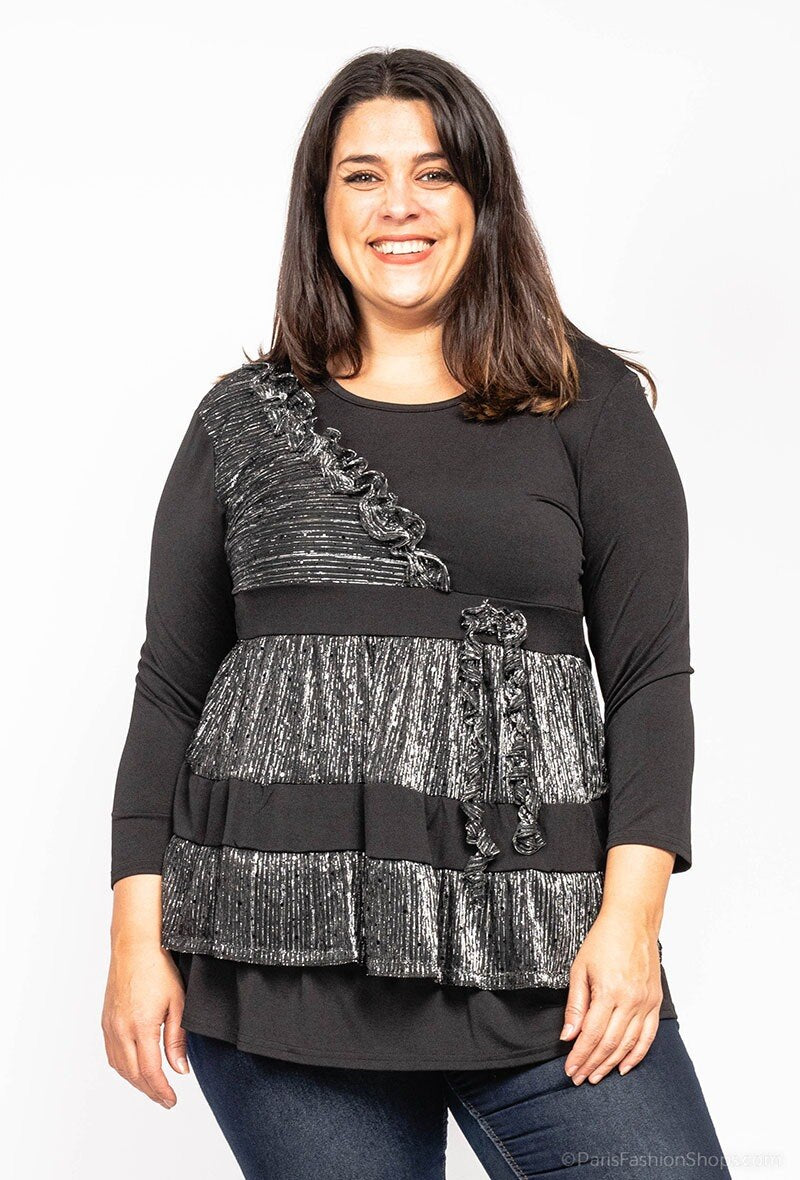 Plus Size Glittrig Blus med Reflekterande Detaljer