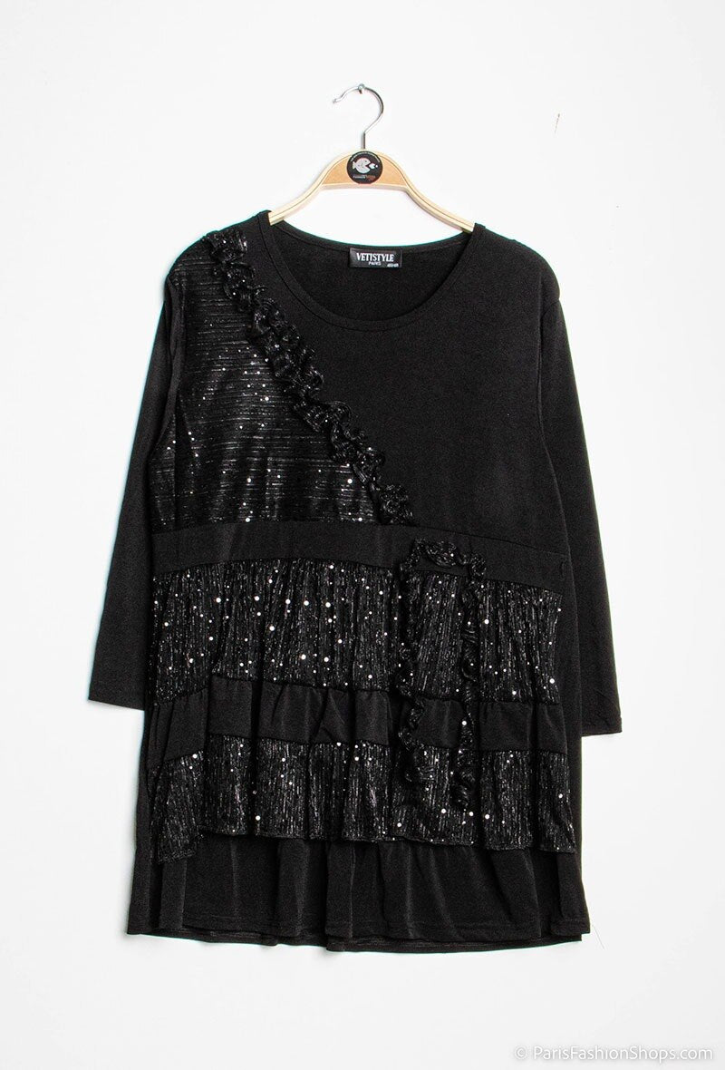 Plus Size Glittrig Blus med Reflekterande Detaljer