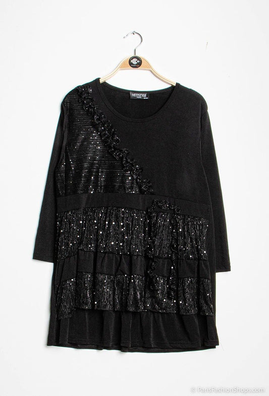Plus Size Glittrig Blus med Reflekterande Detaljer