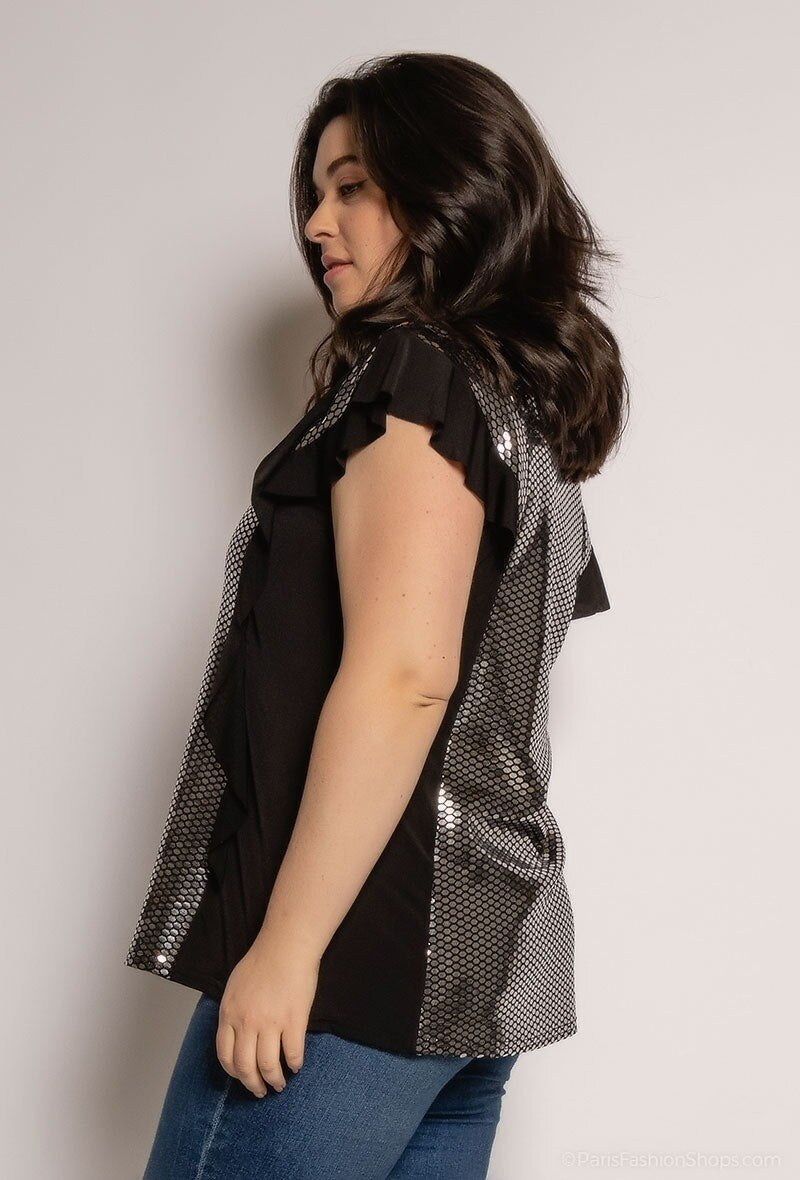 Plus Size Glittrig Blus med Rynkor