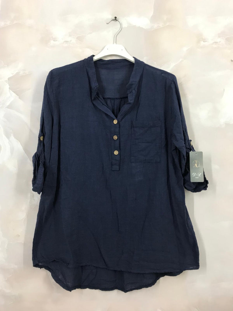 Plus Size Plain blouse with Tunisian collar