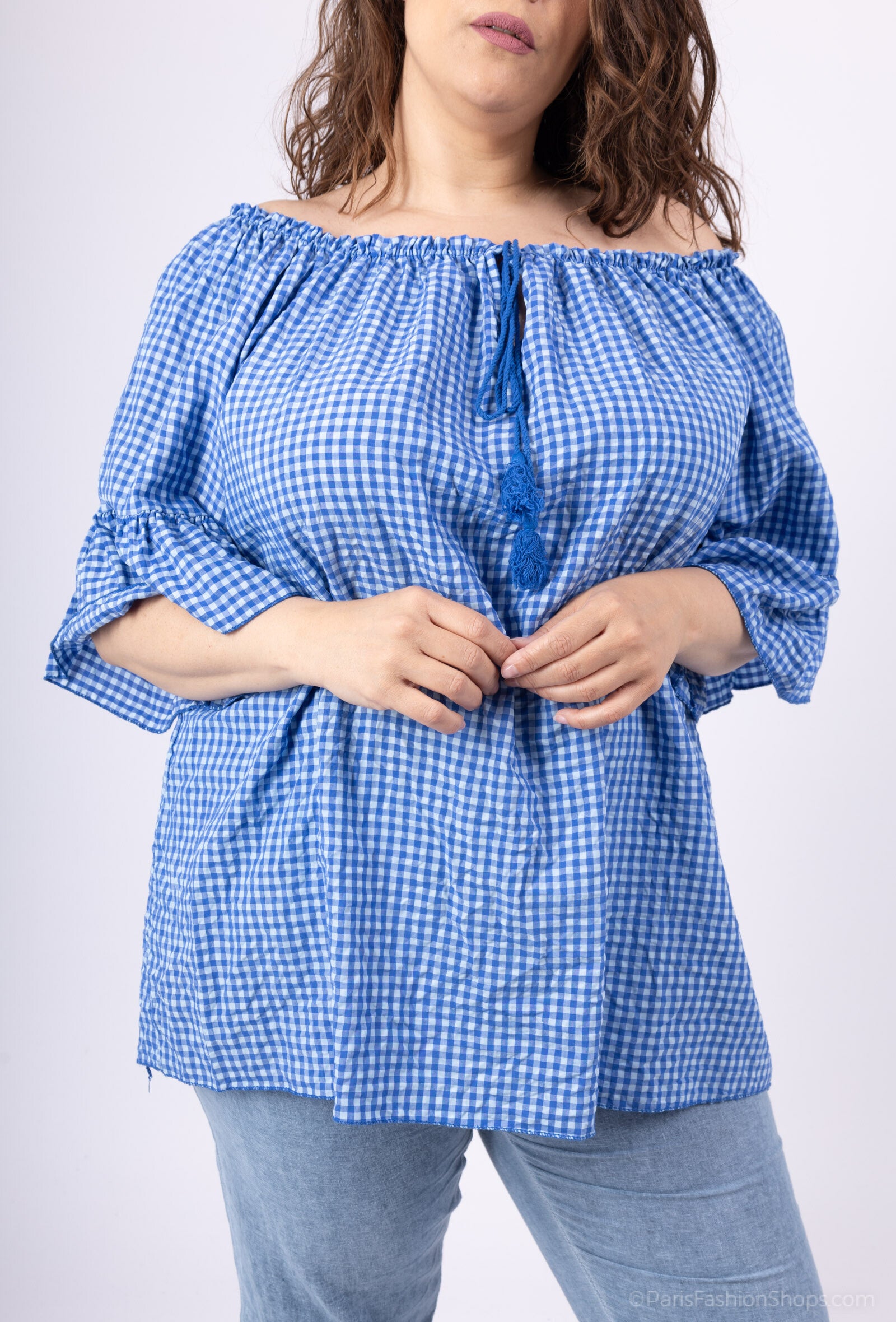 Plus Size Gingham Off-the-Shoulder Blus