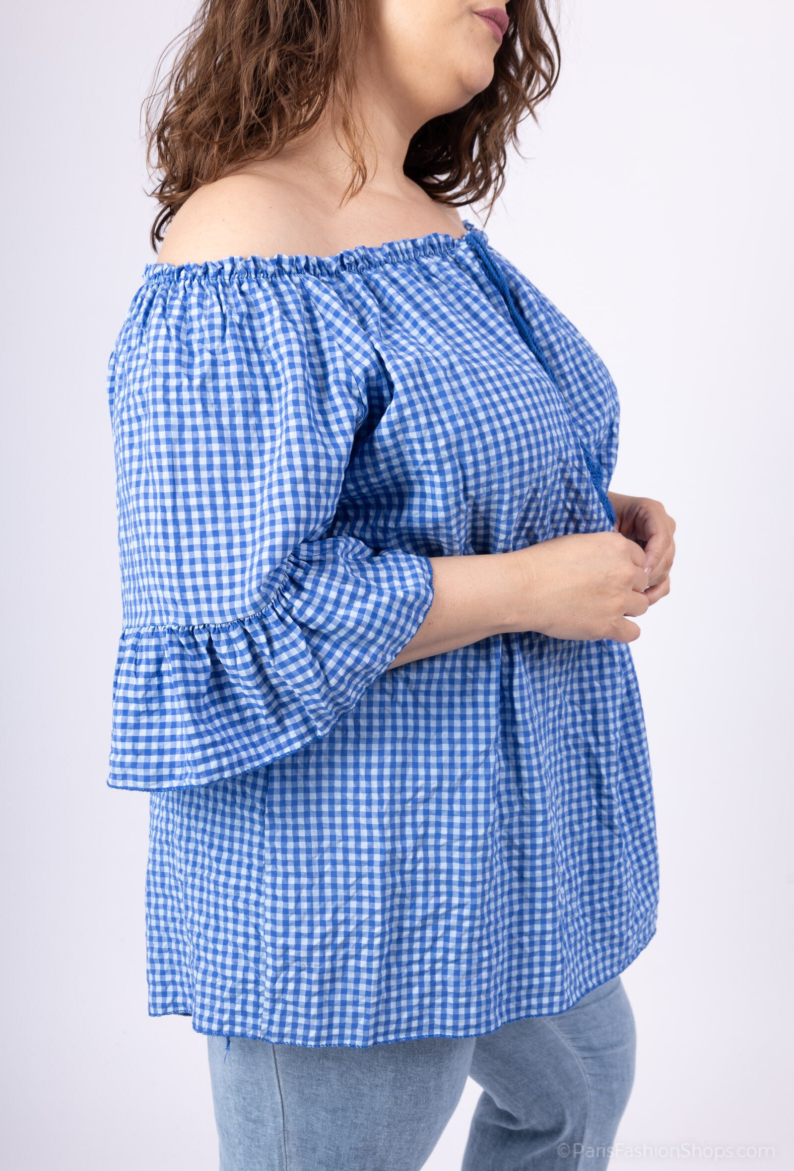 Plus Size Gingham Off-the-Shoulder Blus