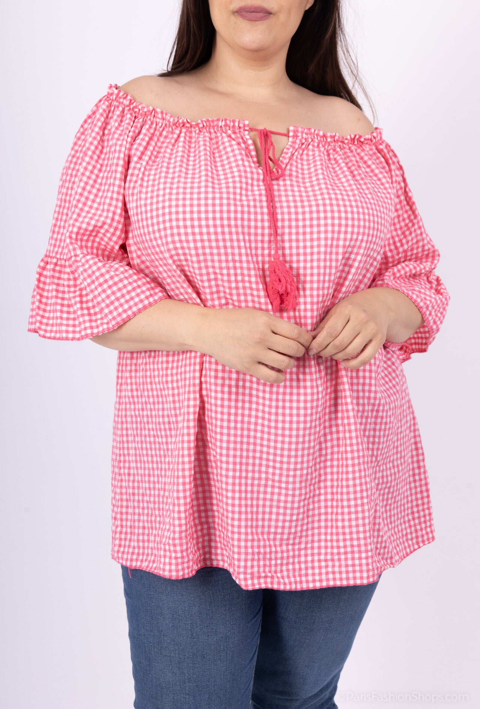 Plus Size Gingham off-the-shoulder blouse