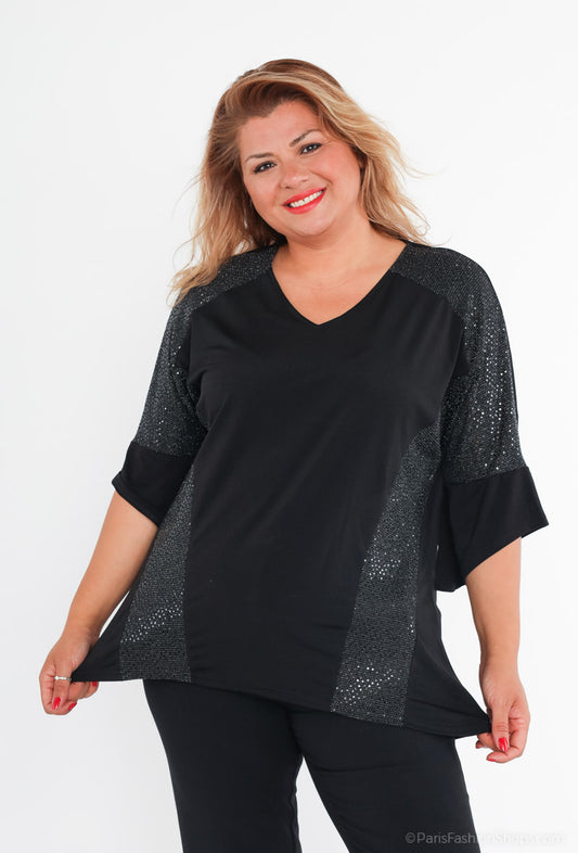Plus Size Bi-material Sequin Blouses
