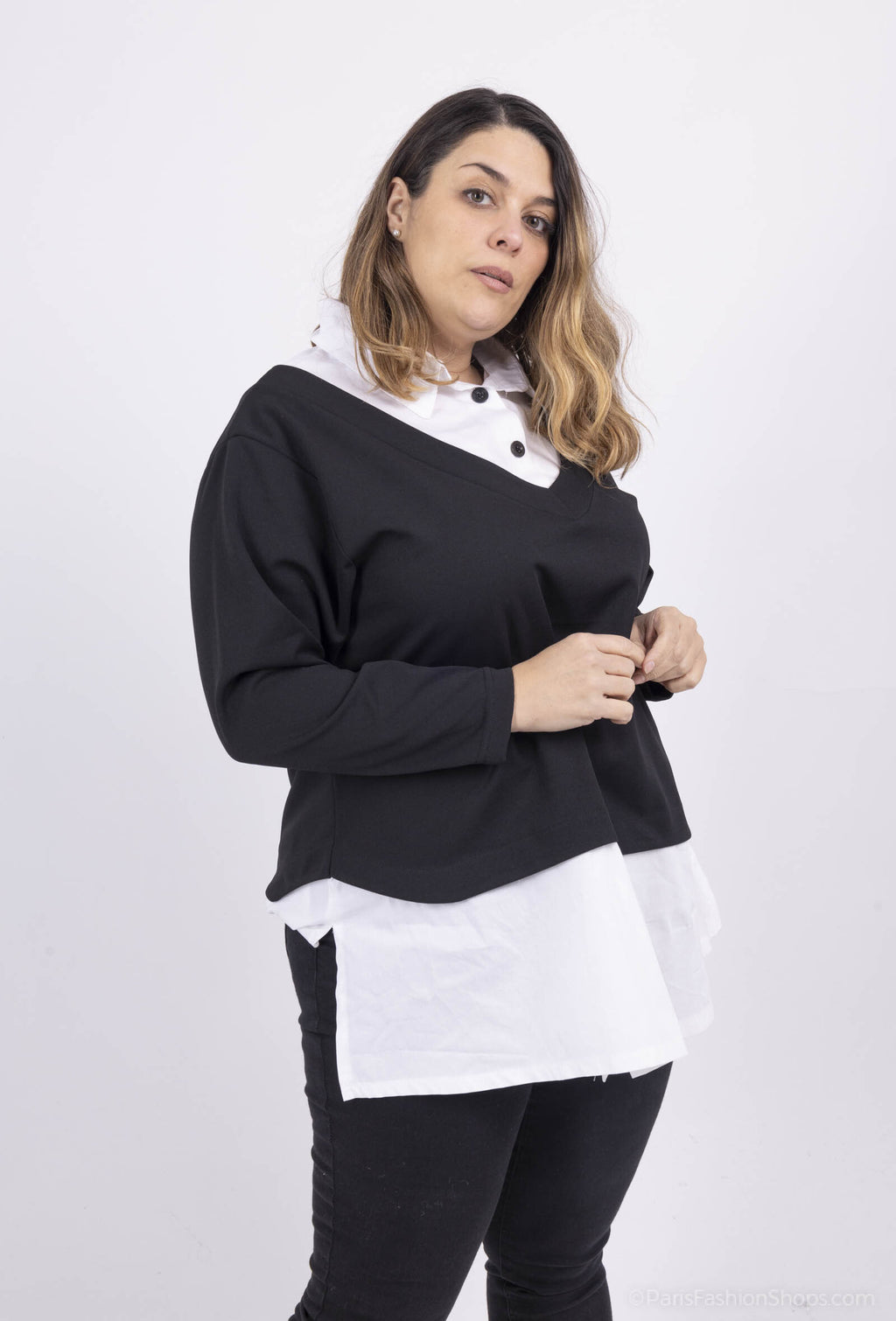 Plus Size Svart och Vit Faux Tvådelad Blus
