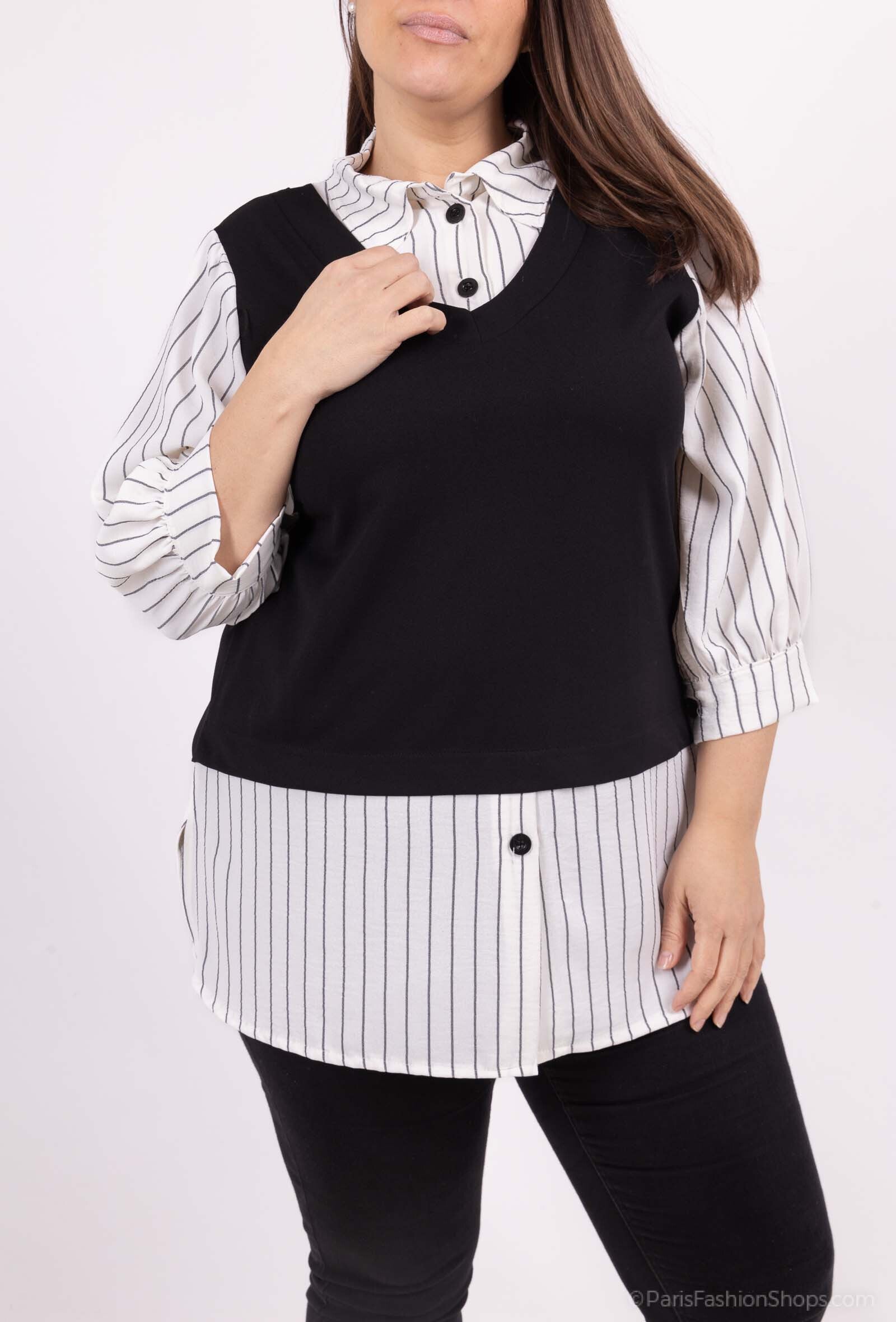 Plus Size Striped faux two piece blouses with solid