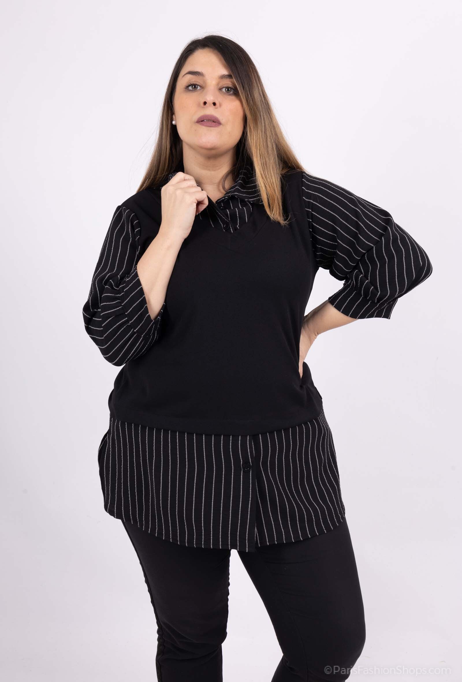 Plus Size Striped faux two piece blouses with solid