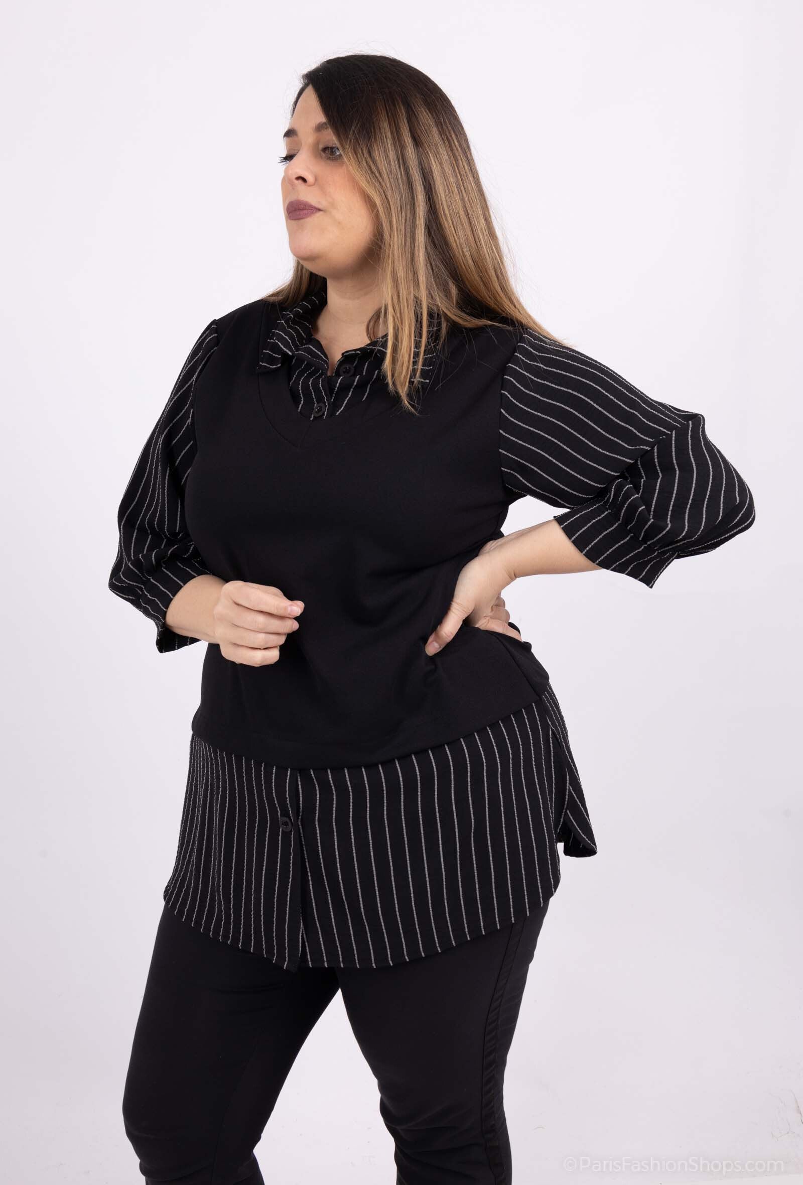 Striped faux two piece blouses with solid i Stor Storlek