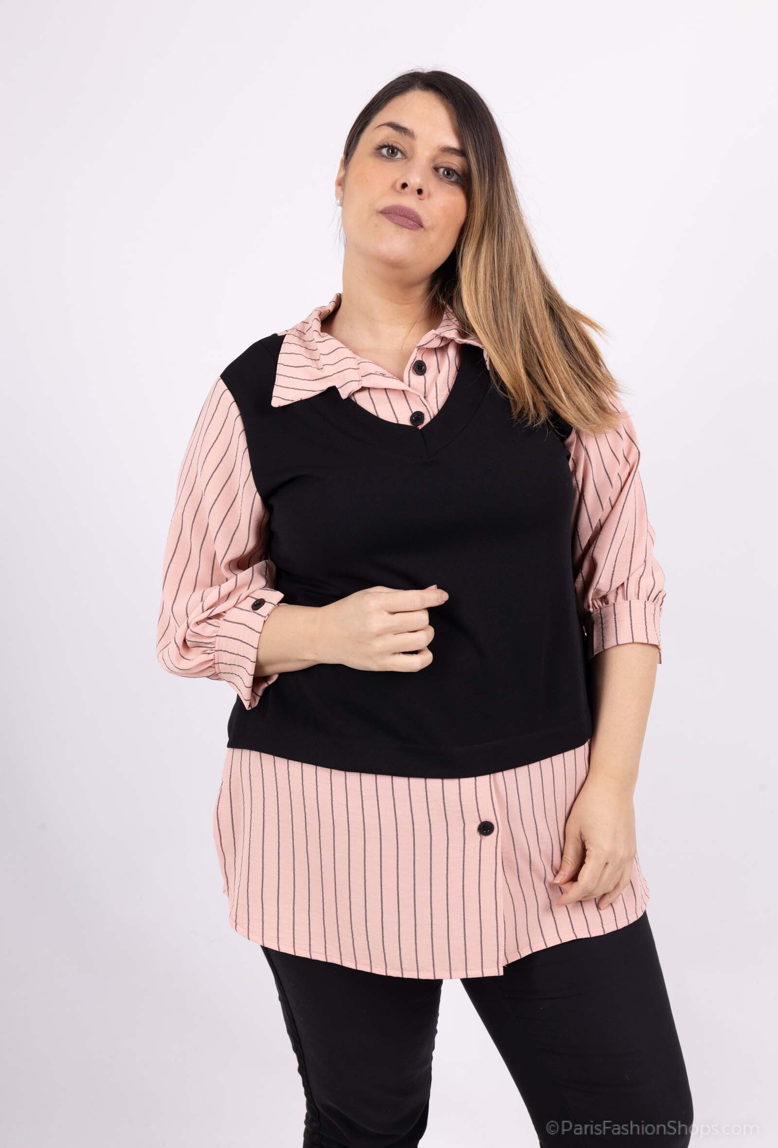 Plus Size Randig Falsk Tvådelad Blus