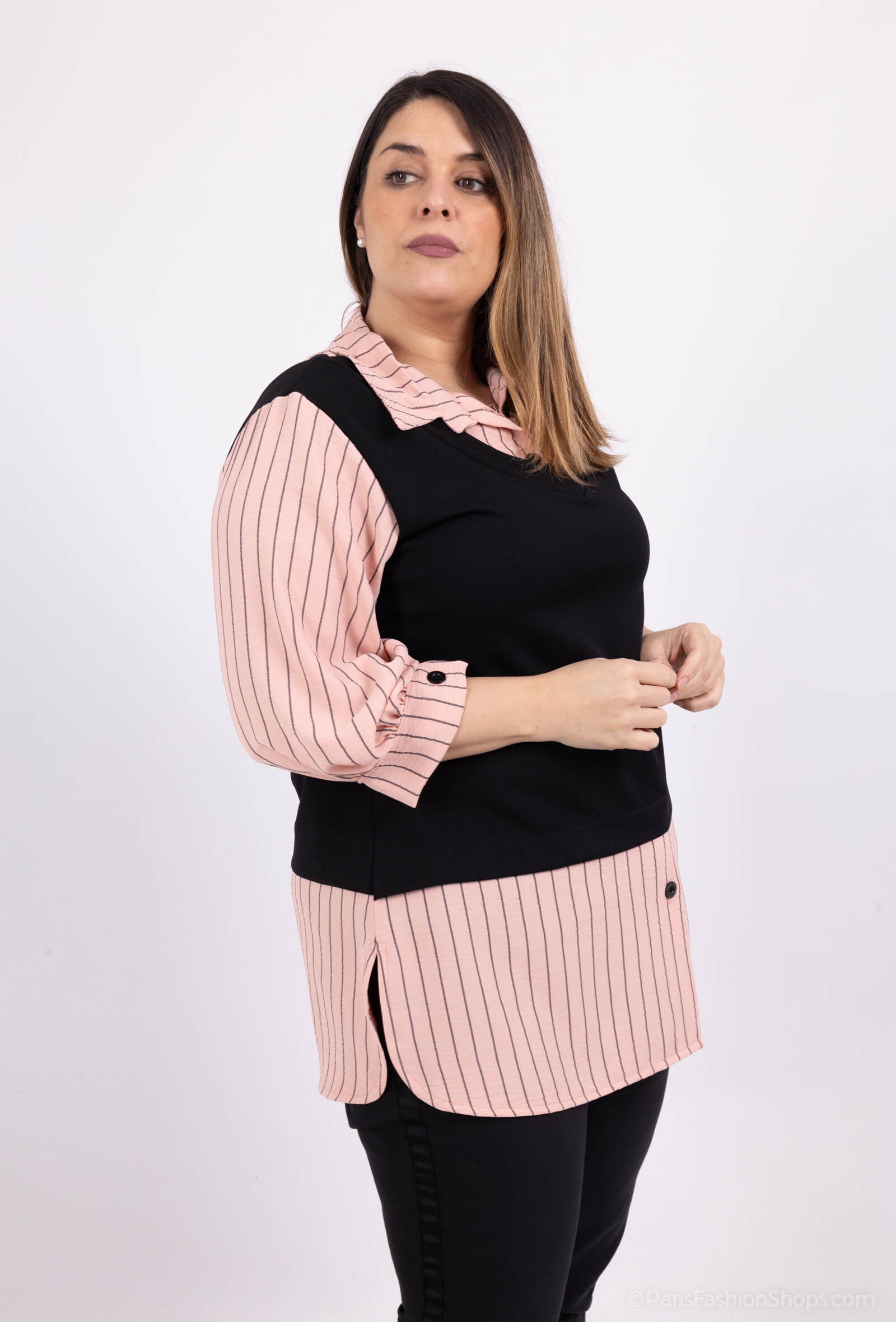 Plus Size Randig Falsk Tvådelad Blus