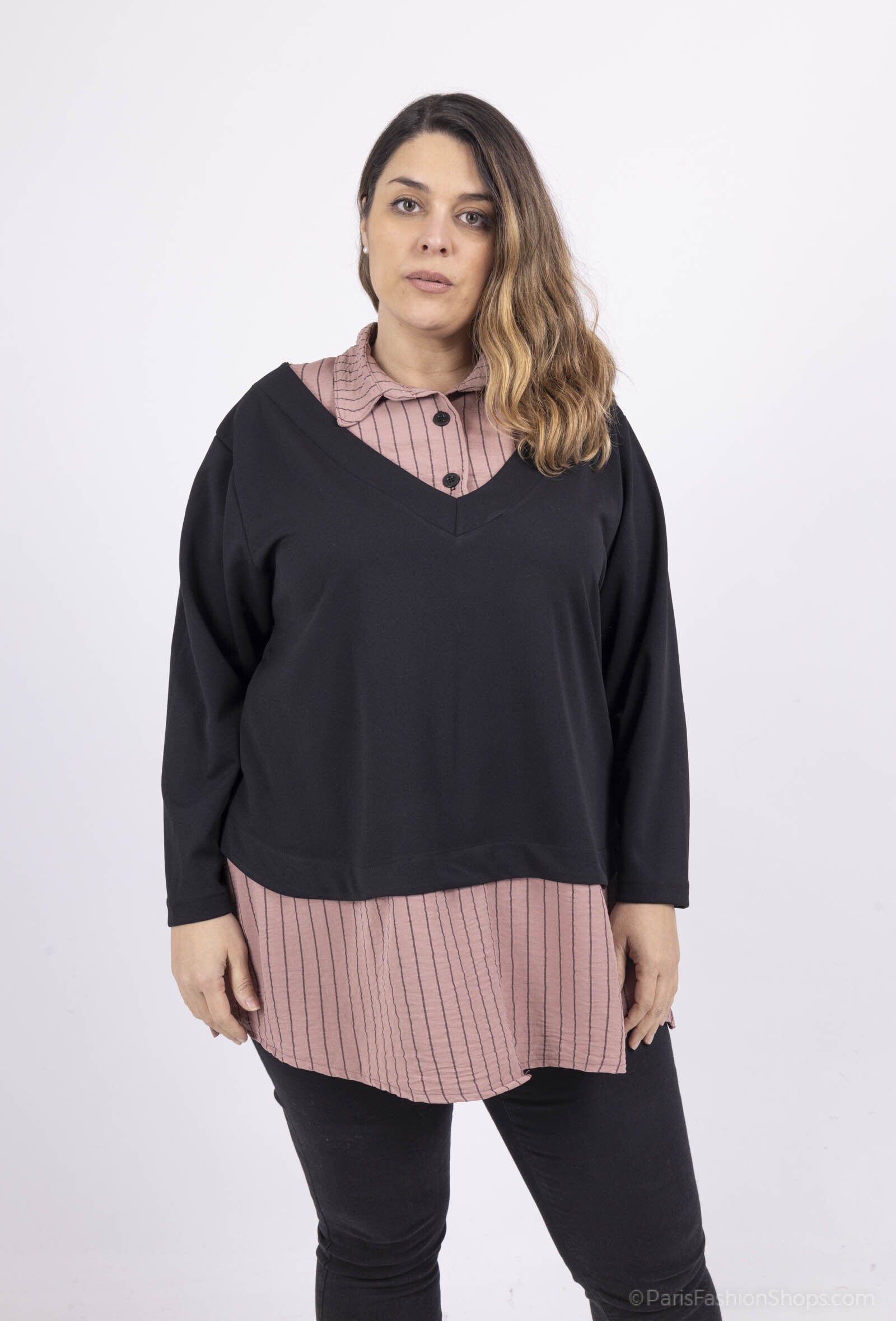 Plus Size Striped faux two piece blouses with solid