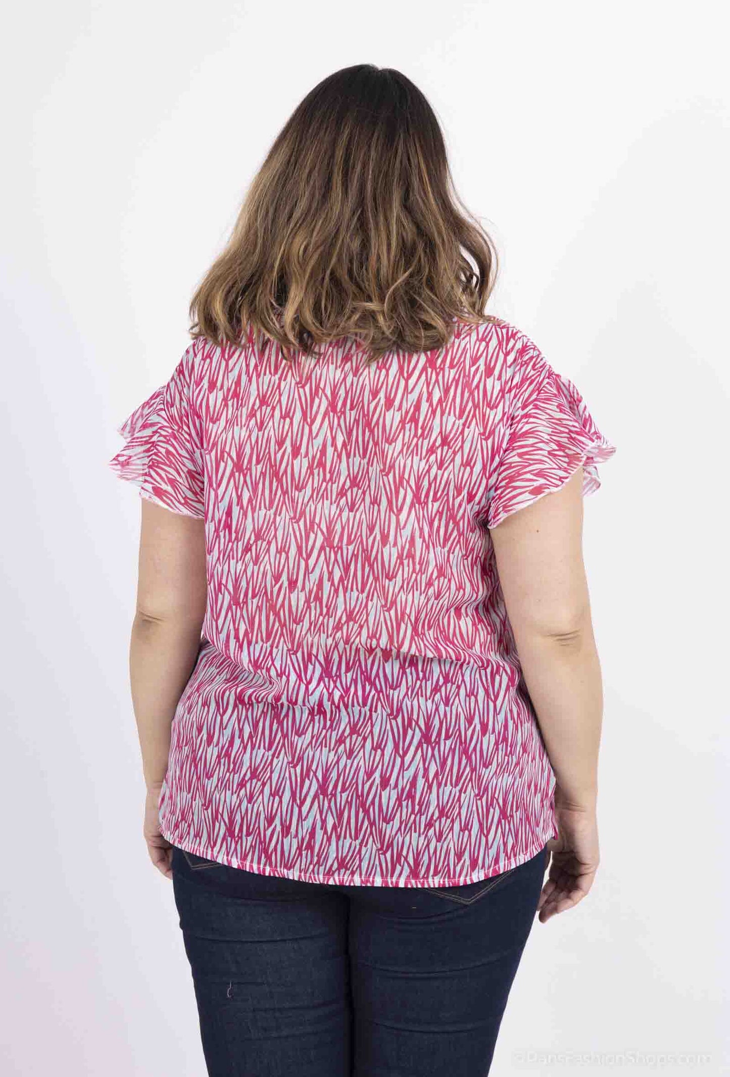 Plus Size Voile Blus med Ruffle Ärmar och Lurex