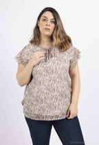 Plus Size Voile print blouses with ruffle sleeves and lurex